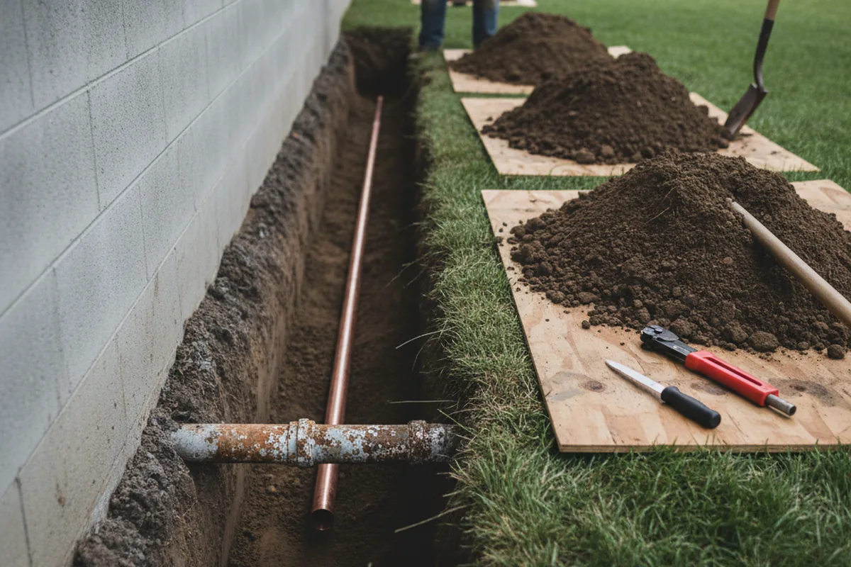 Excavated water line trench during Sewer Line Repair in Shippensburg